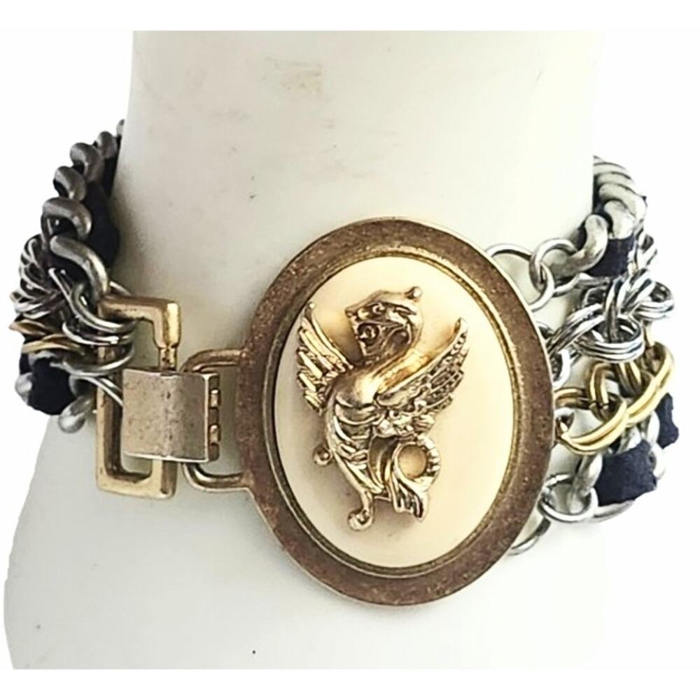 Vtg Multistrand Chain  Dragon Gryphon Coin Emblem  Bracelet